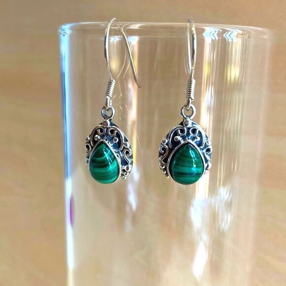 Artisan Crafted African Malachite Earrings - Picture 1 of 5